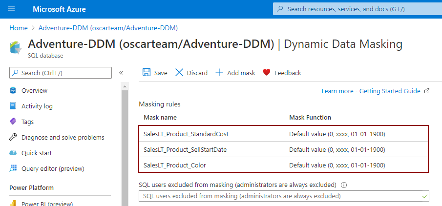 Columns which sensitive data are masked with default type of DDM in creating mask SQL Server data