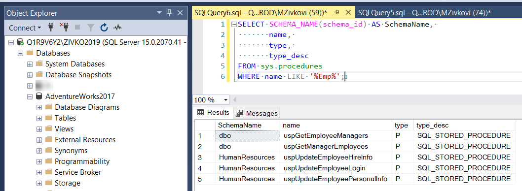 Find SQL object in the stored procedure definition using the sys.procedures view