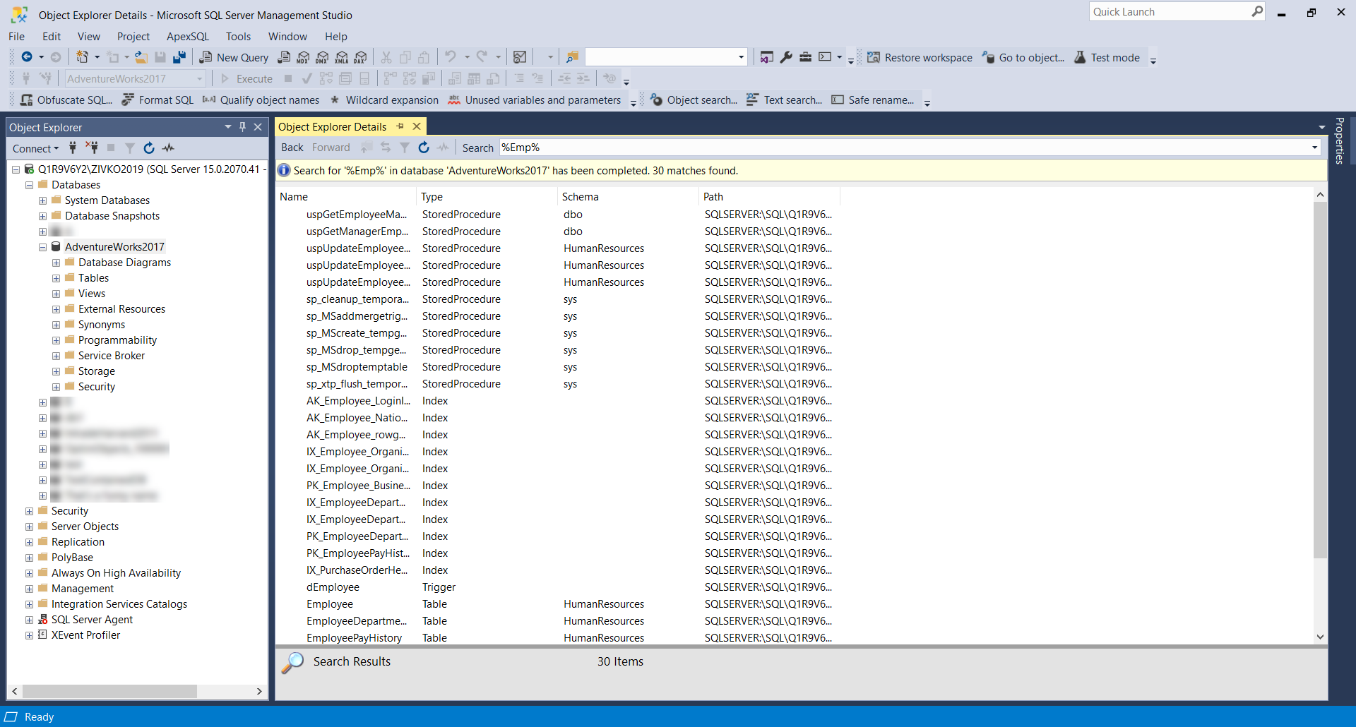 Find SQL objects using Object Explorer Details window