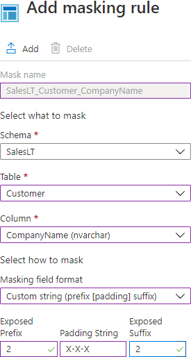 Mask SQL Server data with Custom string dynamic data type  in the Add masking rule page