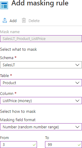 Mask SQL Server data with random number range in the Add masking rule page