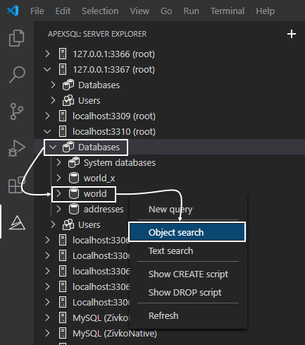 Object search command from the ApexSQL Server explorer