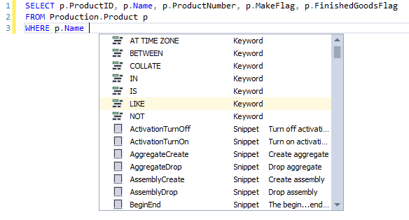 SQL code complete hint-list with keywords