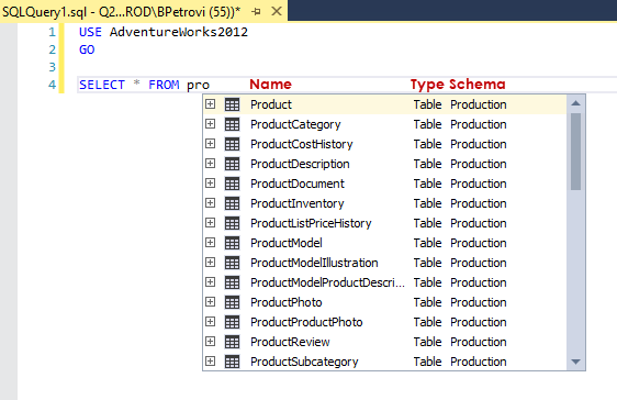 SQL code complete hint-list 