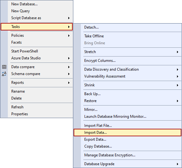 Import data option in the Tasks submenu