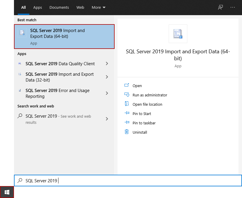 The 64-bit version of SQL Server Import and Export Wizard in Start menu