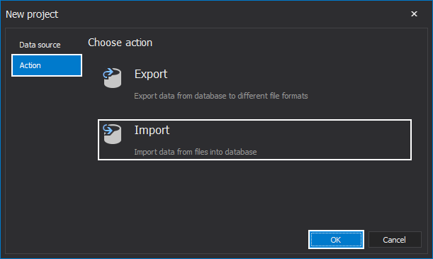The Action tab in the New project window