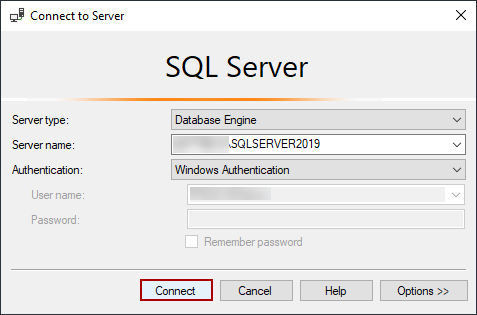 The Connect to the SQL server window