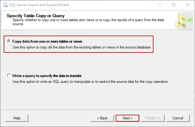 the Specify Table Copy or Query window