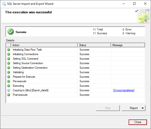 The summary step in the SQL Server Import and Export Wizard window 