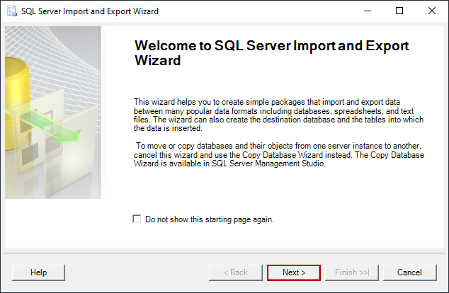 The Welcome to SQL Server Import and Export Wizard window 
