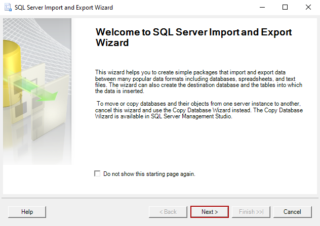 The Welcome to SQL Server Import and Export wizard  window