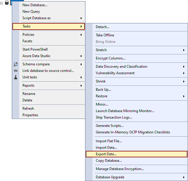 The Object Explorer context menu and Tasks sub-menu