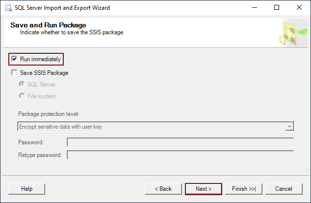 Choose or skip the SSIS package