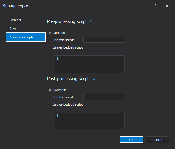 Define scripts for pre or post processing execution