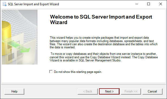 Welcome step of the SQL Server Import and Export Wizard 