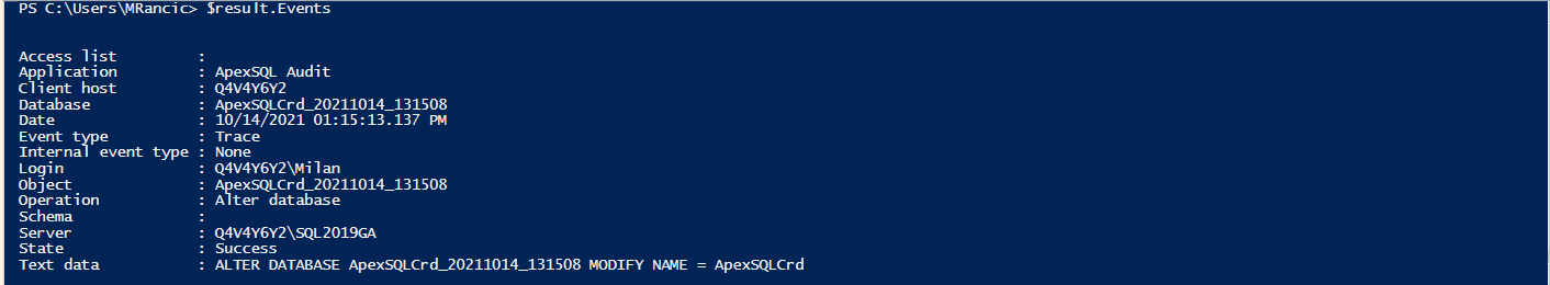 Converted SQL audit data as PowerShell object array 