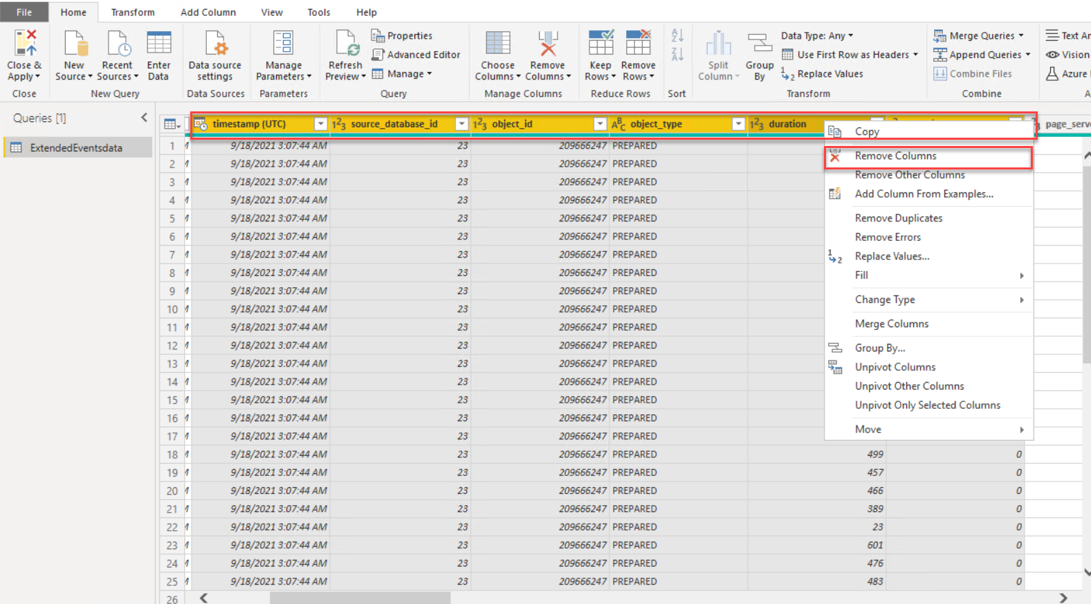Remove irrelevant columns from extended events file