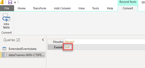 Select the events list power BI